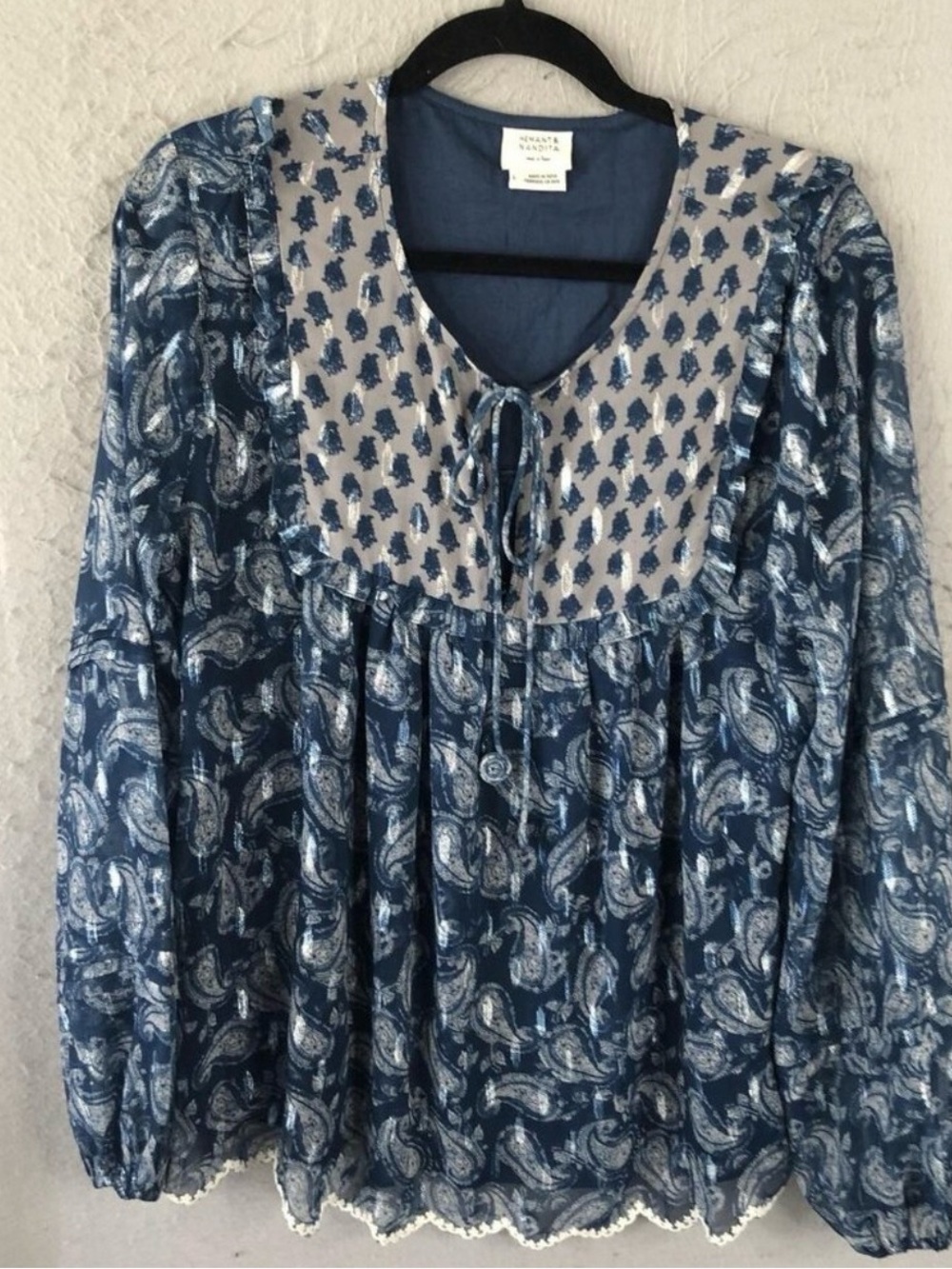 HEMANT & NANDITA Blue Metallic Thread Paisley Tie-Neck Peasant Blouse